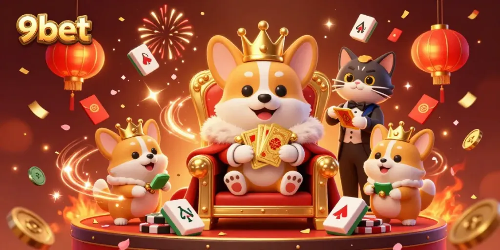 Experience exhilarating gameplay with 9bet as a royal corgi rules over poker chips in a festive casino scene.