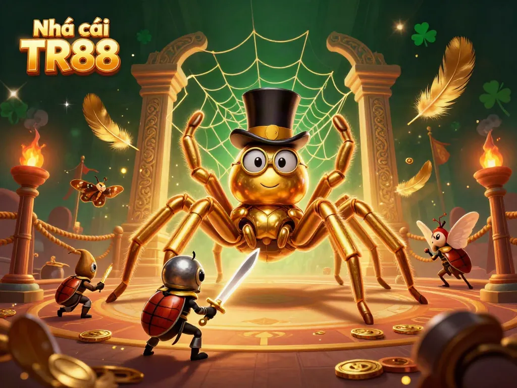 Engage with the dynamic scene of Nhà cái TR88 featuring a golden tarantula and armored beetle knight amidst swirling golden game elements.