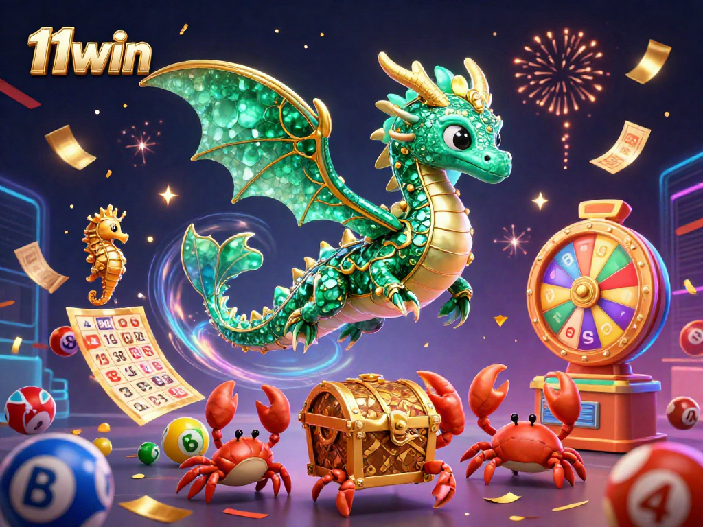 Engage with exciting gameplay at 11win featuring vibrant illustrations of dragons and gaming elements.