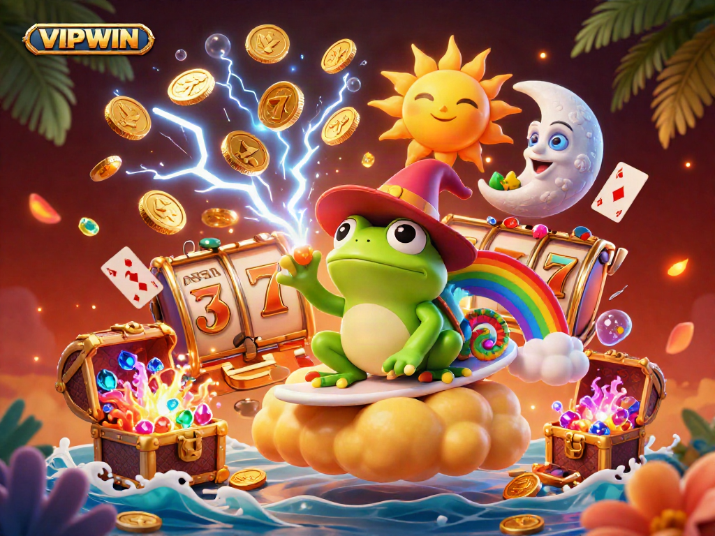 Experience the excitement of VIPWIN with a vibrant 3D casino scene featuring golden coins, colorful slots, and magical creatures.