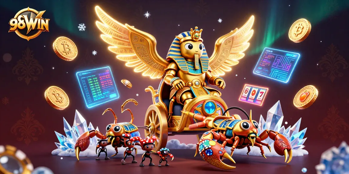Join the excitement at 98WIN with a vibrant casino illustration featuring intricate characters and dynamic game elements.