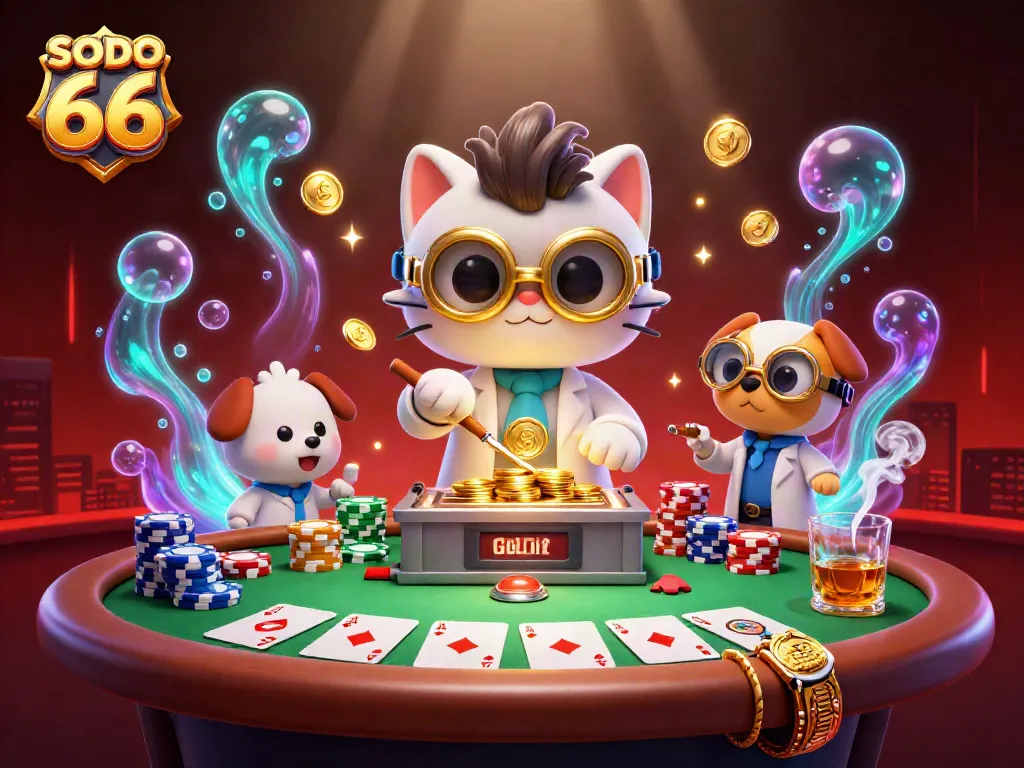 Experience thrilling bets at SODO 66 with a vibrant casino scene featuring mad scientist and poker elements.