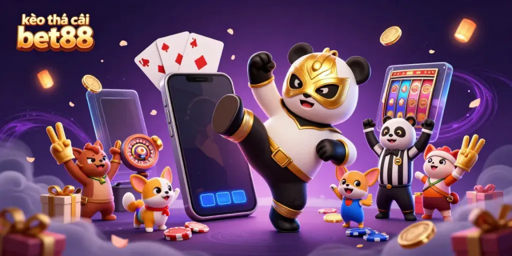 Experience vibrant gaming excitement with kèo nhà cái bet88, featuring a panda wrestler in action.