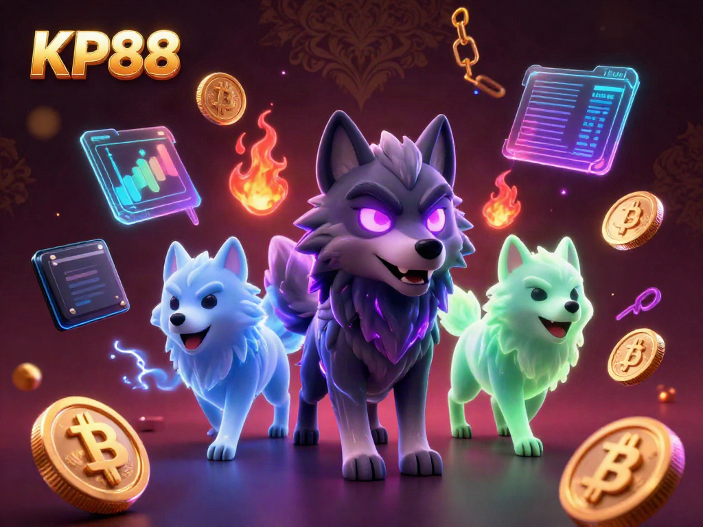 Experience the thrilling atmosphere of KP88 online casino with vibrant 3D elements and ghostly wolves.
