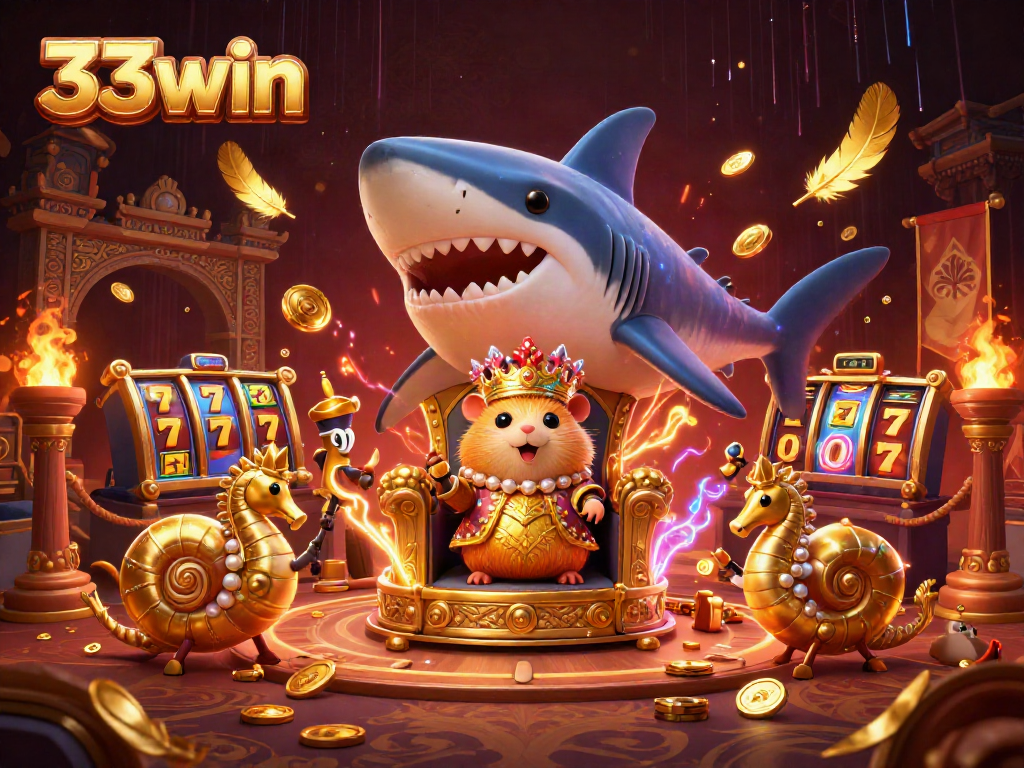 Experience thrilling gameplay in 33win's vibrant casino scene with majestic characters and slot elements.