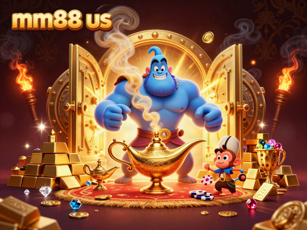 Experience the thrill of mm88 us with a vibrant 3D illustration showcasing a genie, treasures, and magic.