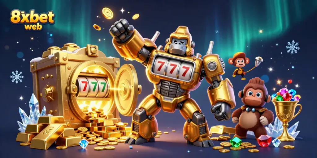 Experience thrilling action with the dynamic 8xbet web illustration featuring a golden gorilla mech and coins.
