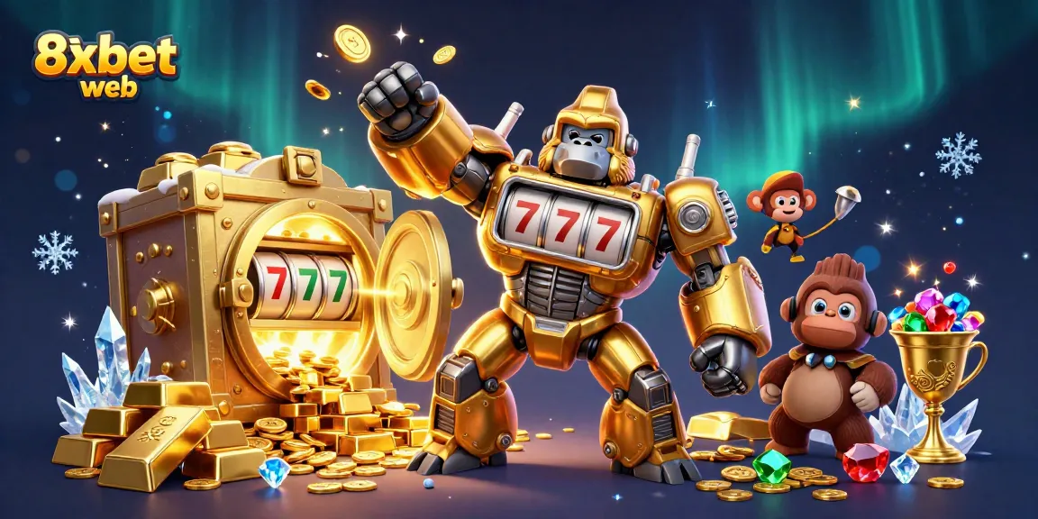 Experience thrilling action with the dynamic 8xbet web illustration featuring a golden gorilla mech and coins.