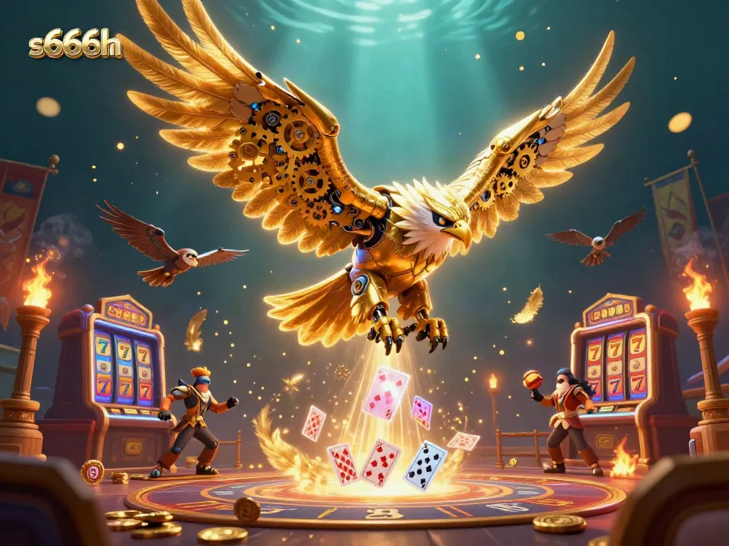 s666hn showcases thrilling casino action with a dynamic golden eagle, holographic cards, and vibrant casino elements.