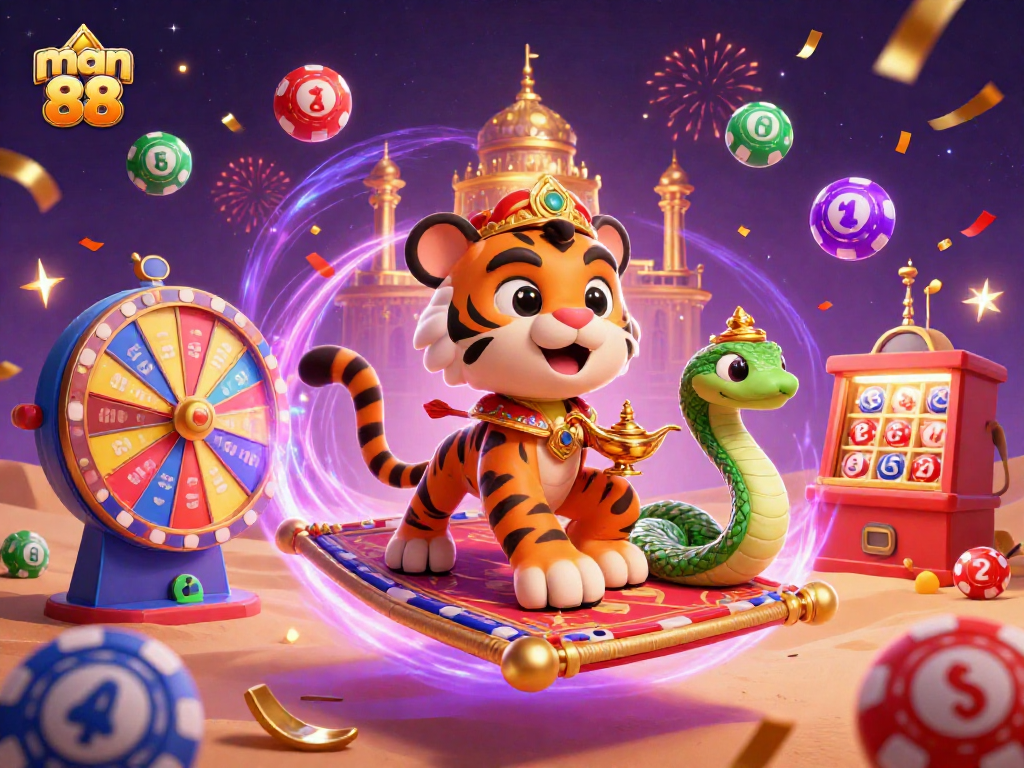 Experience excitement with man 88 as vibrant lottery elements burst dynamically in this 3D casino illustration.