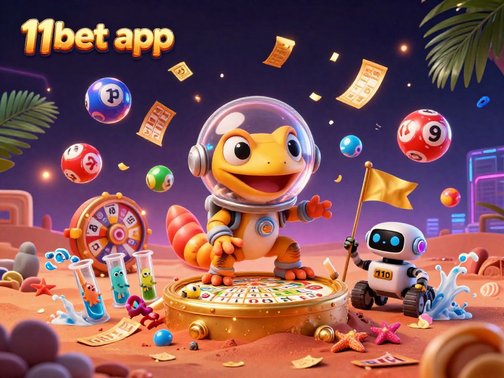 Winning with the 11bet app: A Martian gecko explores a golden casino amidst vibrant gaming elements.