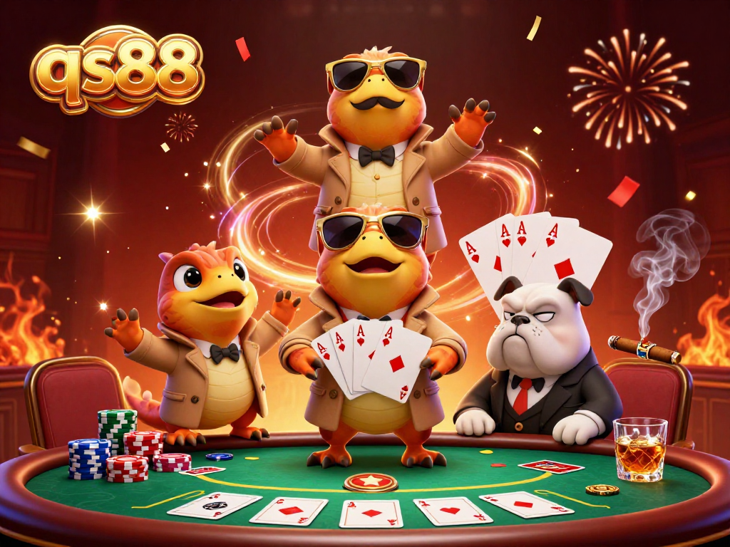 qs88 raptors playfully attempt to enter a VIP casino while poker elements surround them.