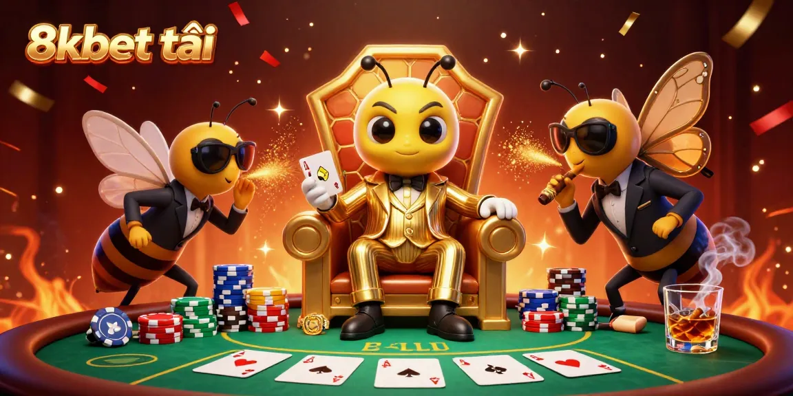 Join the thrilling 8xbet tải adventure with a 3D cartoon bumblebee mob boss at a poker table surrounded by excitement.