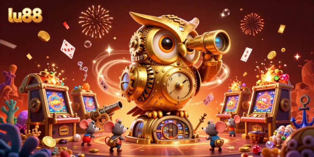 Experience thrilling casino action with LU88 as a massive clockwork owl surveys a vibrant gaming floor.