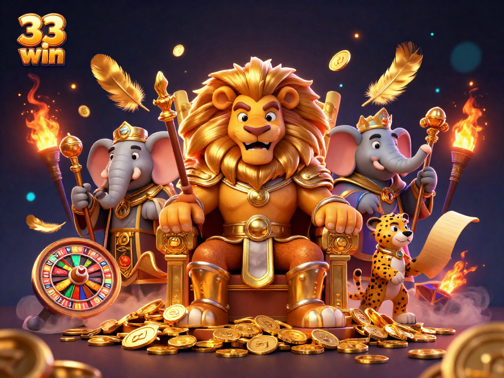 Experience 33 win's vibrant casino world with a lion king and magical slot elements.