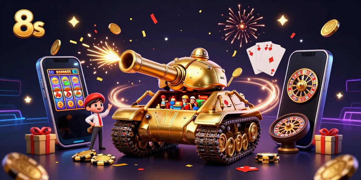 Experience winning with 8s in a vibrant casino scene featuring a golden beetle tank and slot games.