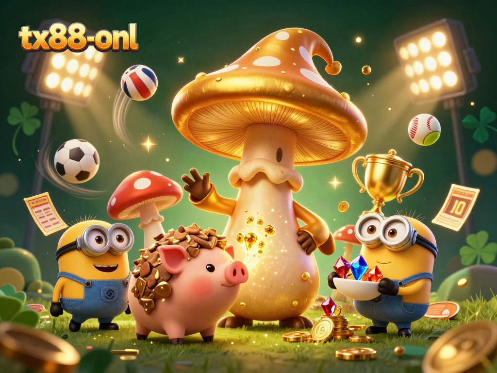 Experience the magic of tx88-onl with a golden mushroom wizard and vibrant sports elements in this dynamic casino scene.