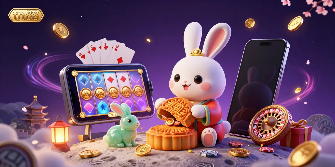 Enjoy tn88's thrilling gaming scene with moon rabbits, poker chips, and vibrant slot games.