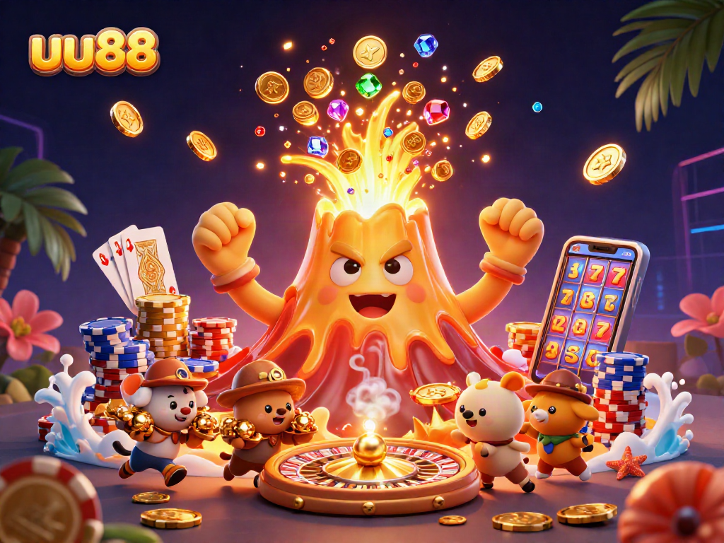 Engage with exciting casino action at uu88 with treasures from a golden volcano illustration.
