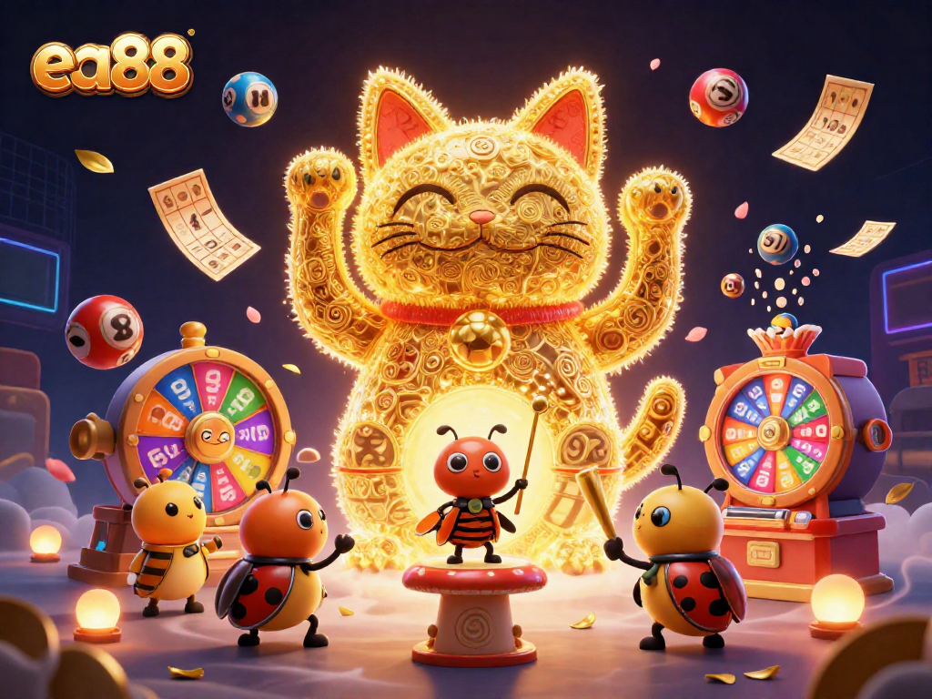 Engage in exciting gameplay with ea88’s dynamic golden lucky cat and vibrant casino elements.