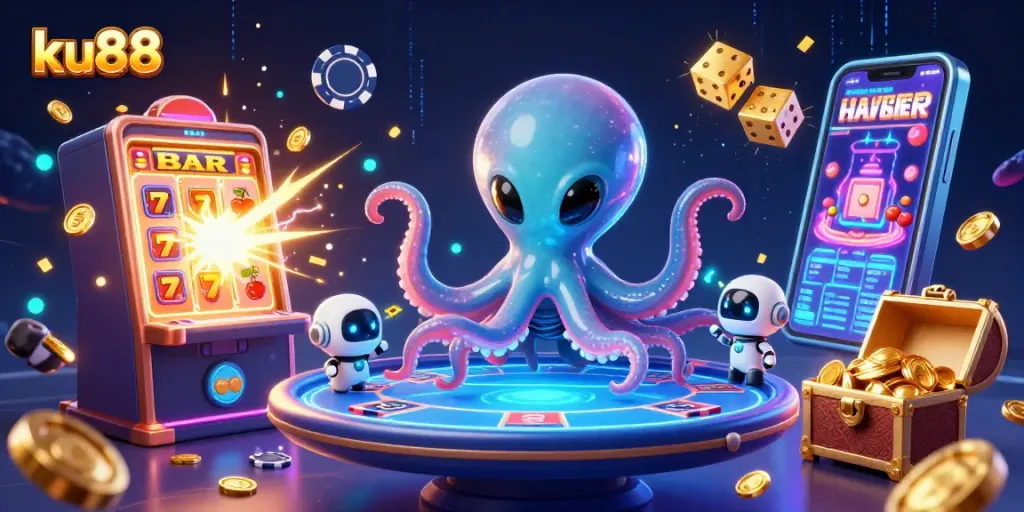 Engage in thrilling gaming experiences at ku88 with an alien octopus and robot amidst a 3D jackpot explosion.