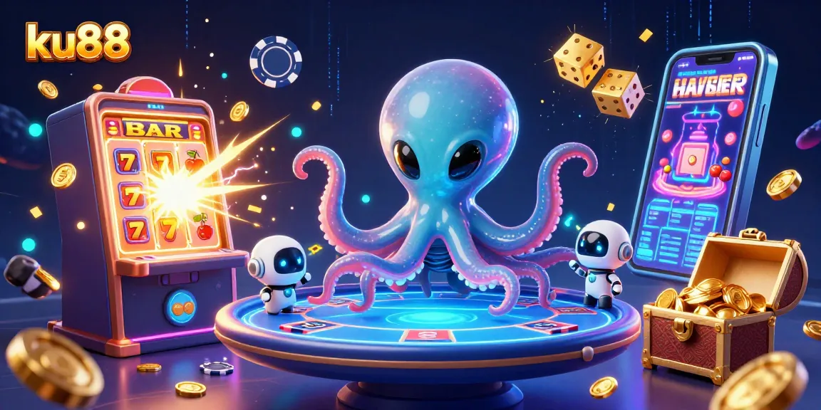 Engage in thrilling gaming experiences at ku88 with an alien octopus and robot amidst a 3D jackpot explosion.