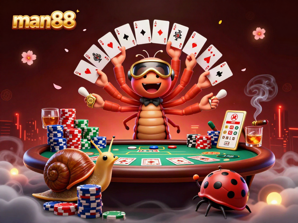 Experience the excitement of man88 with a lively casino scene featuring a vibrant millipede dealer and chip stacks.