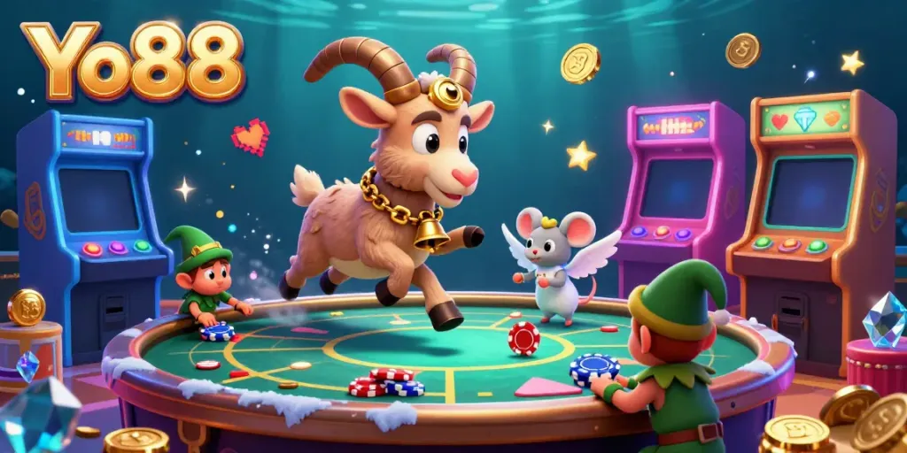 Experience thrilling gameplay at Yo88 with a vibrant casino scene featuring a Krampus goat and elf gremlins.