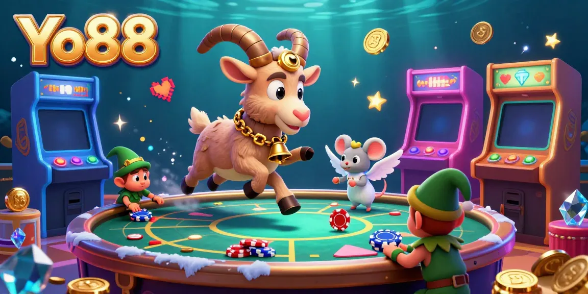 Experience thrilling gameplay at Yo88 with a vibrant casino scene featuring a Krampus goat and elf gremlins.