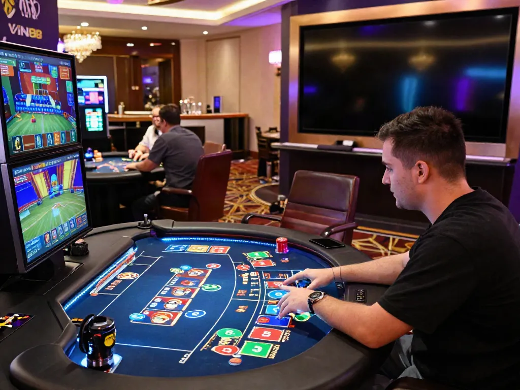 Engaged player at VIN88 online casino showcasing thrilling betting options and vibrant environment.