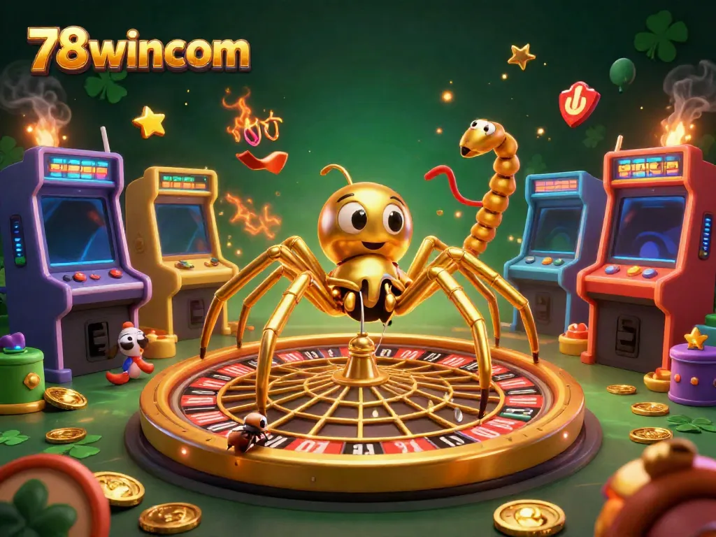 Join the excitement at 78wincom with this vivid, immersive casino-themed illustration showcasing a golden spider and croupier.