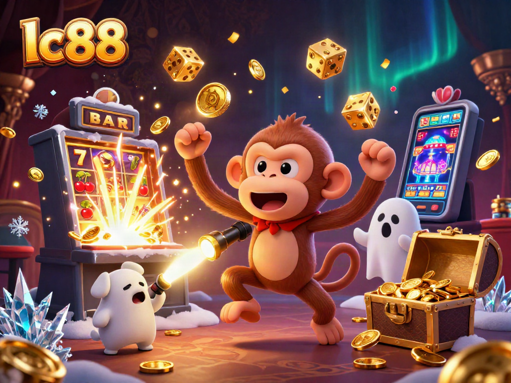 lc88 showcases a playful ghost and puppy dynamic in a vibrant casino setting.
