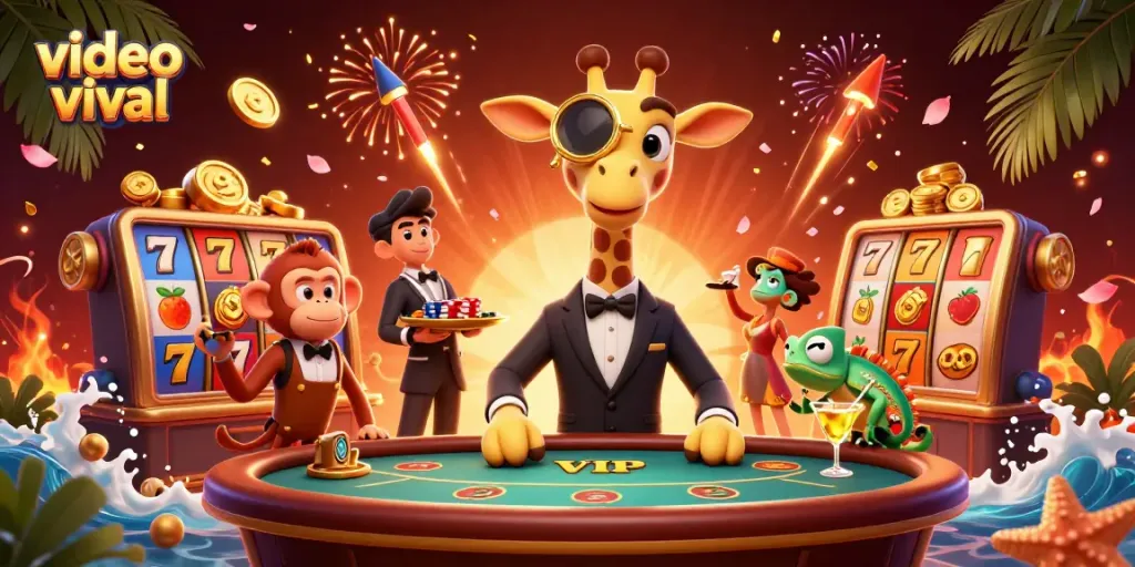Join the fun with the video viral theme, featuring a high-roller giraffe and poker elements in a festive casino scene.