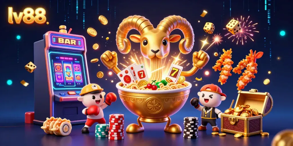 Experience the excitement of lv88 with vibrant characters and dynamic casino elements in this detailed illustration.