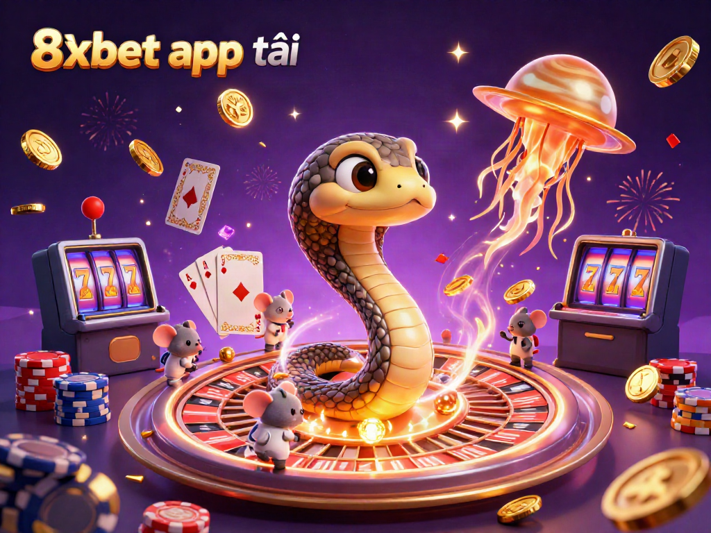 Place your bets with the exciting 8xbet app tải in a vibrant, dynamic casino illustration.