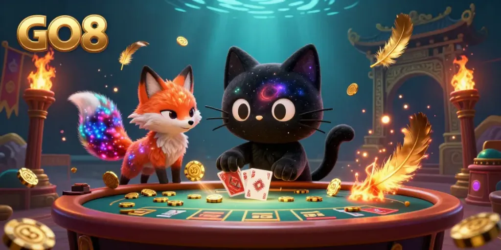 Unleash rewards at GO8 with the cosmic casino experience featuring a black hole cat and colorful fox.