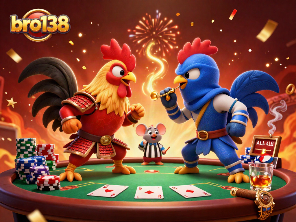 bro138 showcases animated cartoon roosters battling with poker elements in a vibrant casino scene