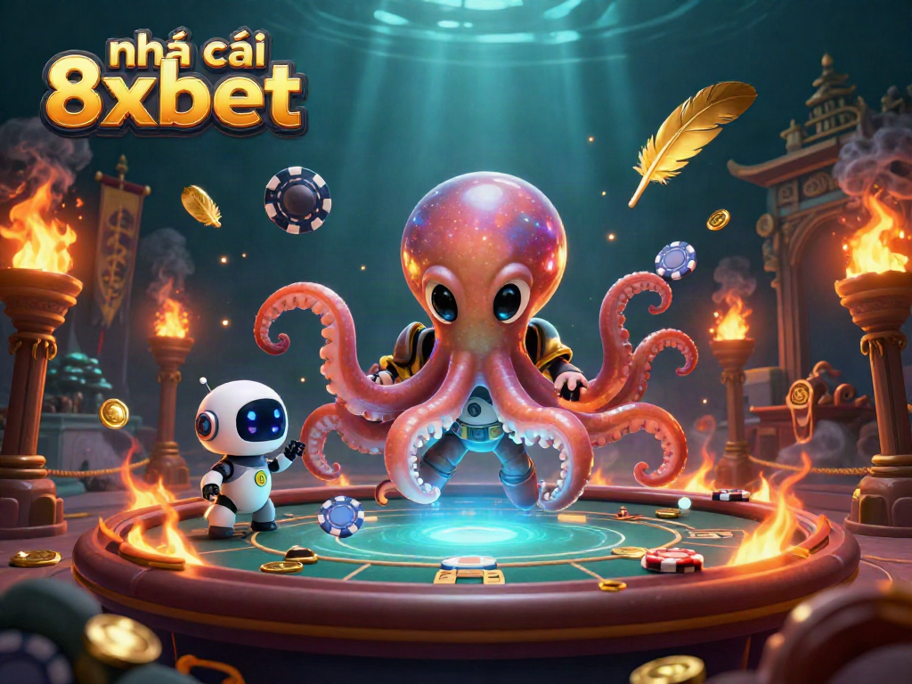 Engage in thrilling gameplay at nhà cái 8xbet with an alien octopus and its robot companion at a holographic poker table