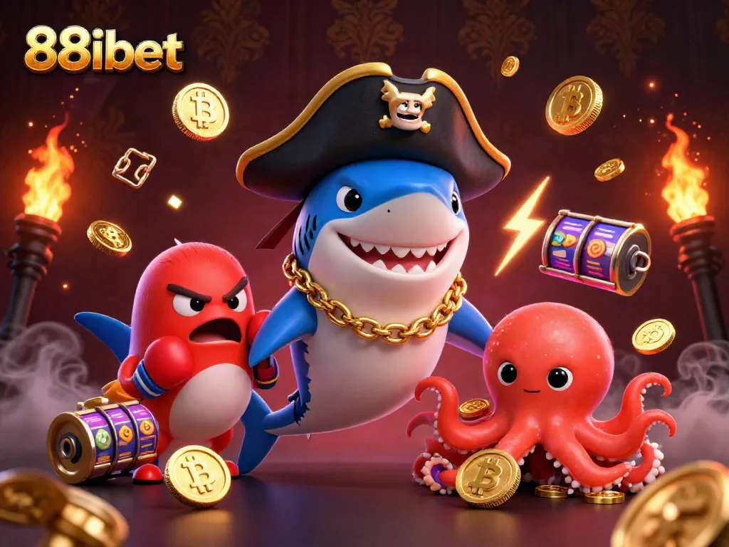 Experience the thrilling adventure of 88ibet with a pirate shark, a pufferfish sidekick, and a treasure-holding octopus amidst vibrant casino elements.