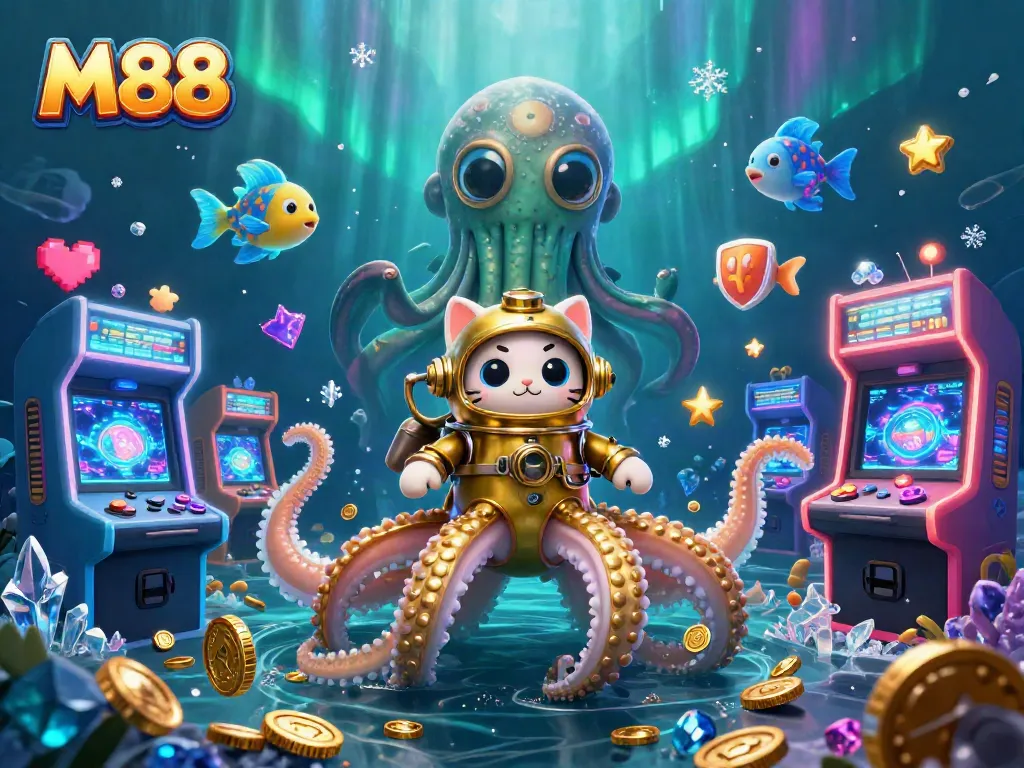 M88 casino adventure with a kraken and diving cat amidst glowing game elements