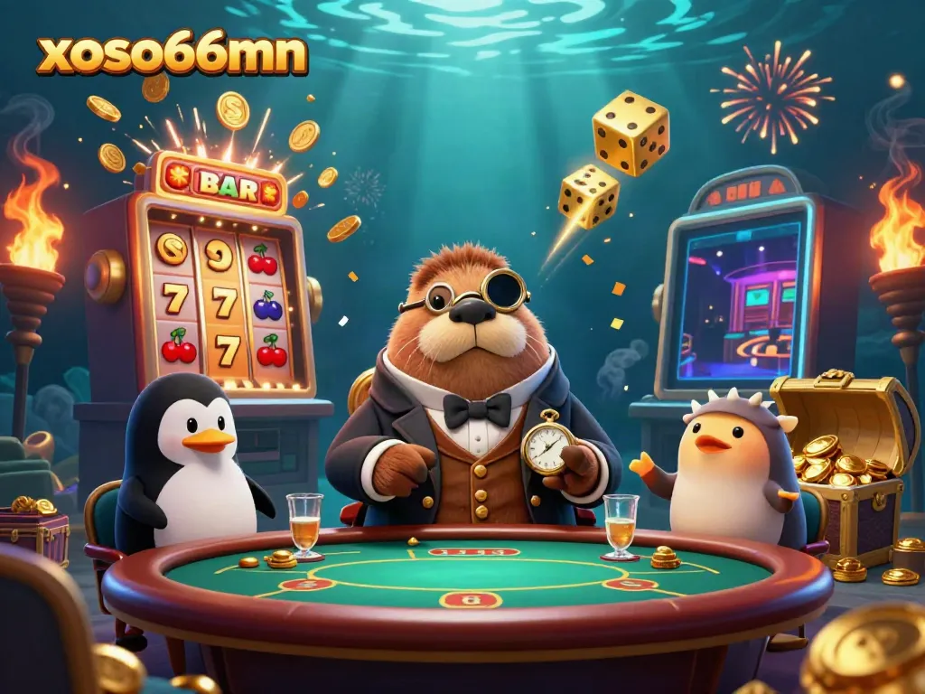 Experience exciting underwater poker with the xoso66mn walrus, penguin dealer, and a bluffing pufferfish!
