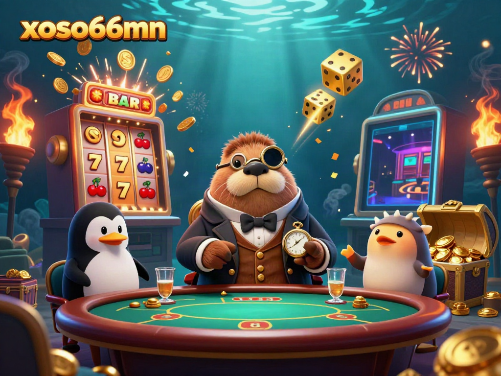 Experience exciting underwater poker with the xoso66mn walrus, penguin dealer, and a bluffing pufferfish!
