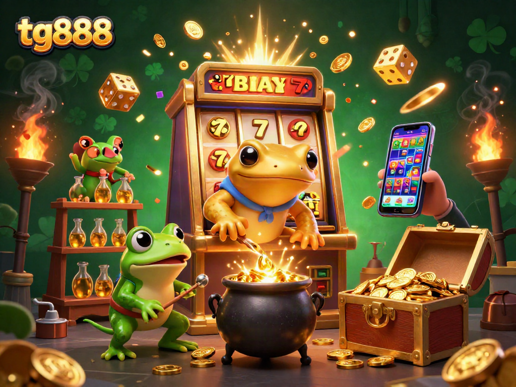 Experience the magic of tg888 with a dynamic 3D casino scene bursting with golden wins and excitement.