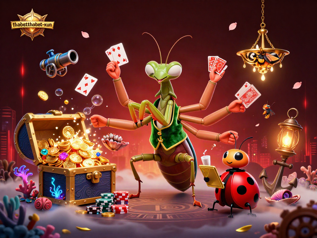 Engage with thabetthabet-xun's vibrant casino scene featuring a giant mantis and ladybug amid floating cards and treasures.