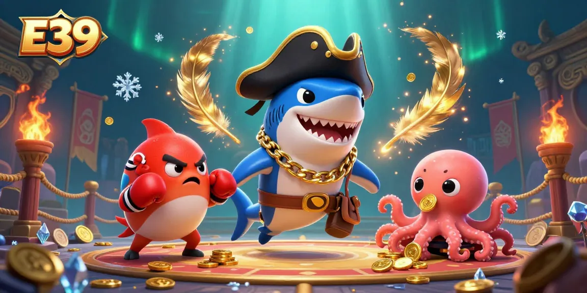 E39 casino illustration showcasing a pirate shark and friends surrounded by gold coins and dynamic betting elements.