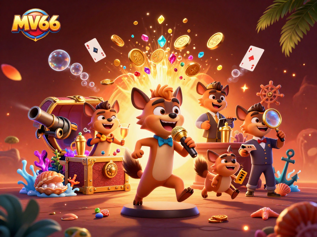 MV66 gamers enjoy a vibrant comedy casino scene with hyenas, showcasing thrilling betting excitement.