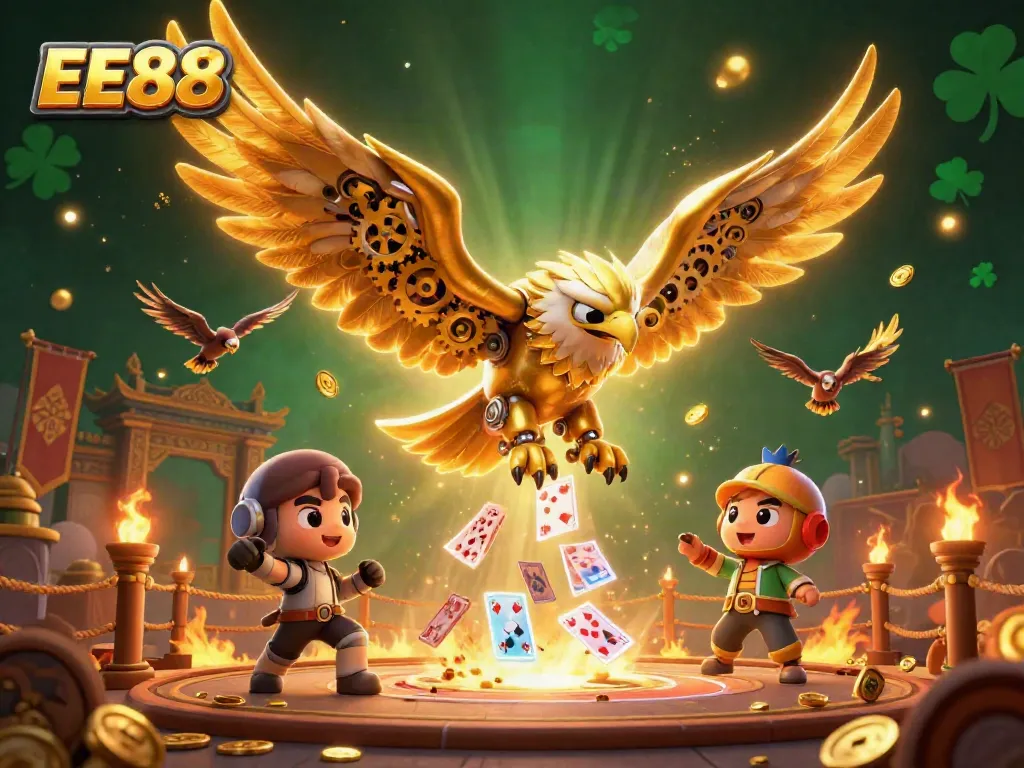 Bet on EE88 with a thrilling 3D illustration of cybernetic eagle amidst casino elements.
