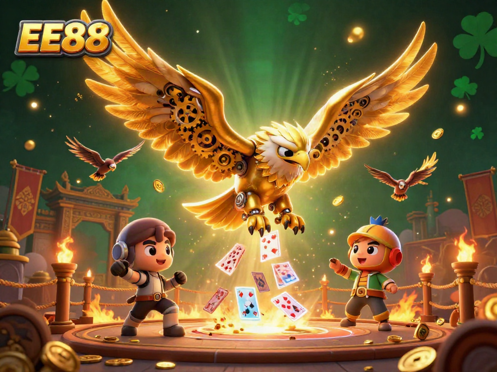 Bet on EE88 with a thrilling 3D illustration of cybernetic eagle amidst casino elements.