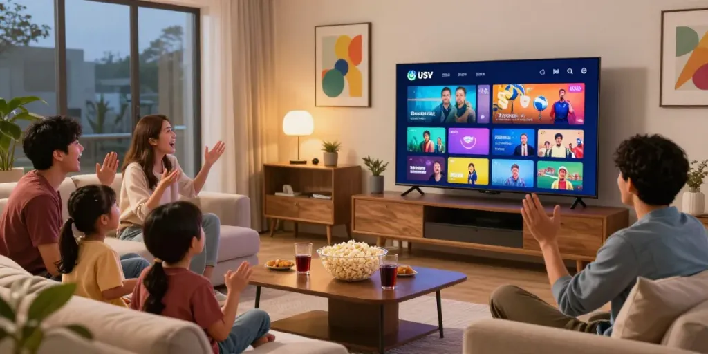 Enjoying USA IPTV service together as a family in a cozy living room.