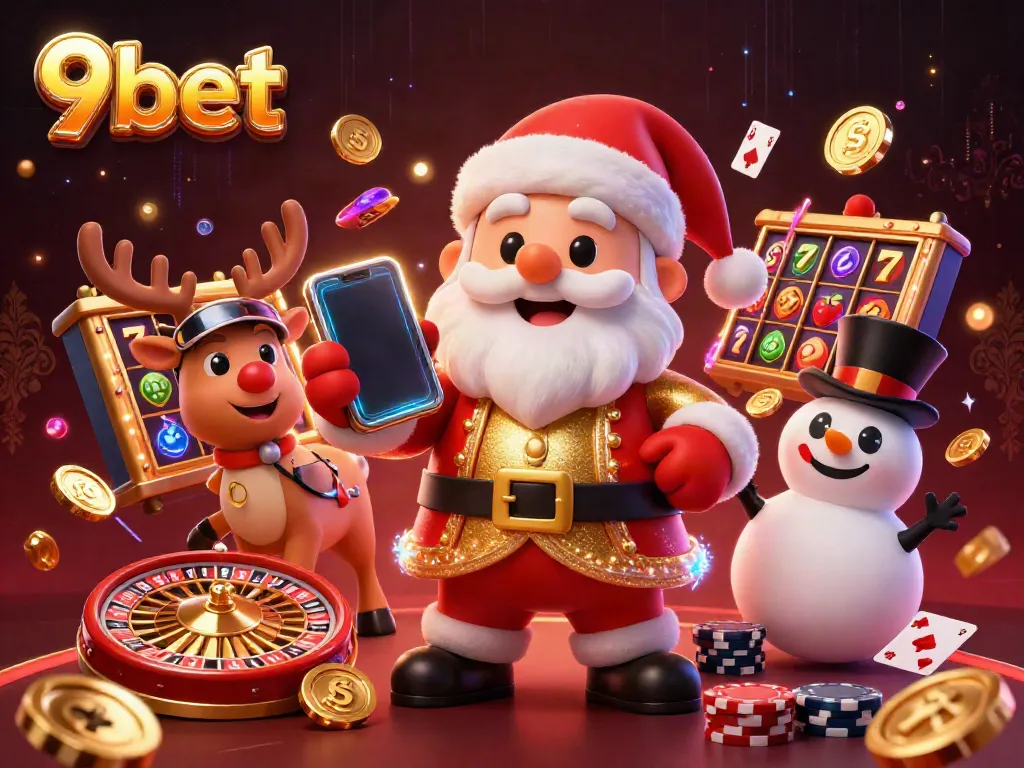 Experience the excitement of 9bet with a colorful casino scene featuring Santa and friends.